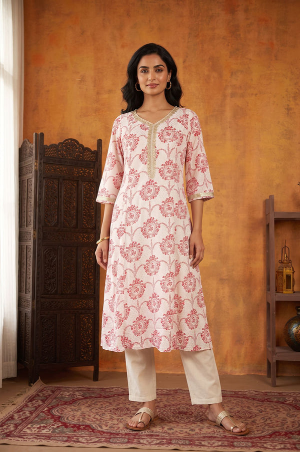 Off White Floral Printed Sequin Rayon A-line Kurta