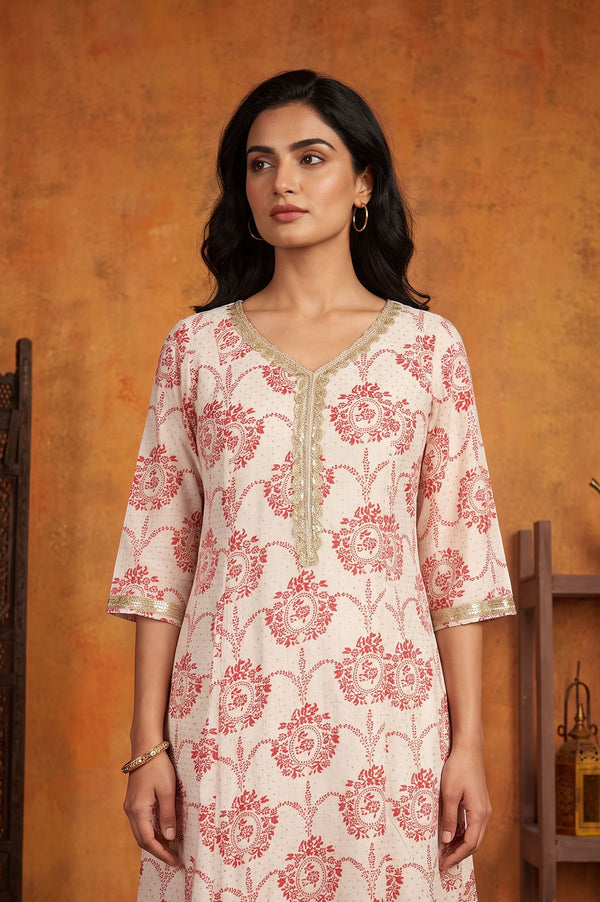 Off White Floral Printed Sequin Rayon A-line Kurta