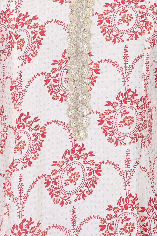 Off White Floral Printed Sequin Rayon A-line Kurta