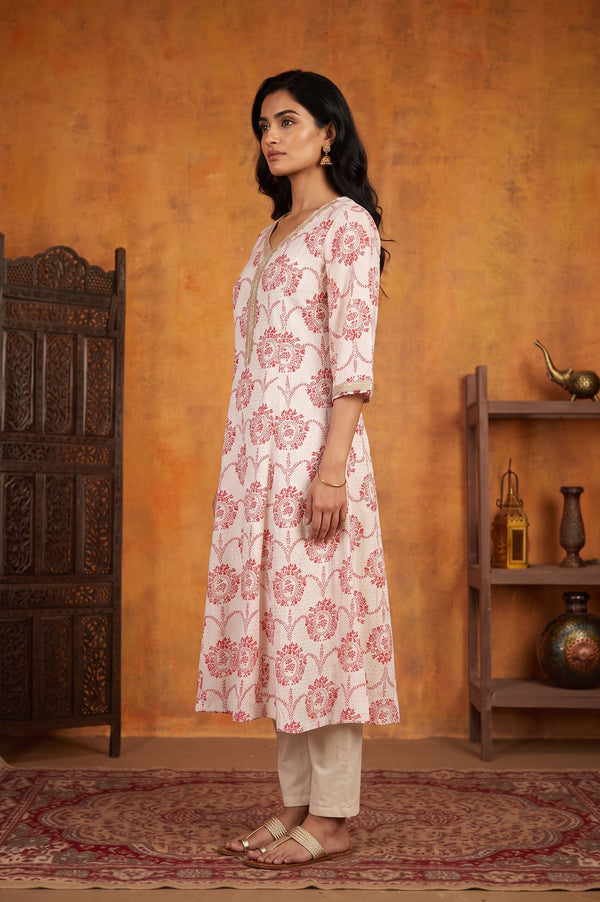 Off White Floral Printed Sequin Rayon A-line Kurta