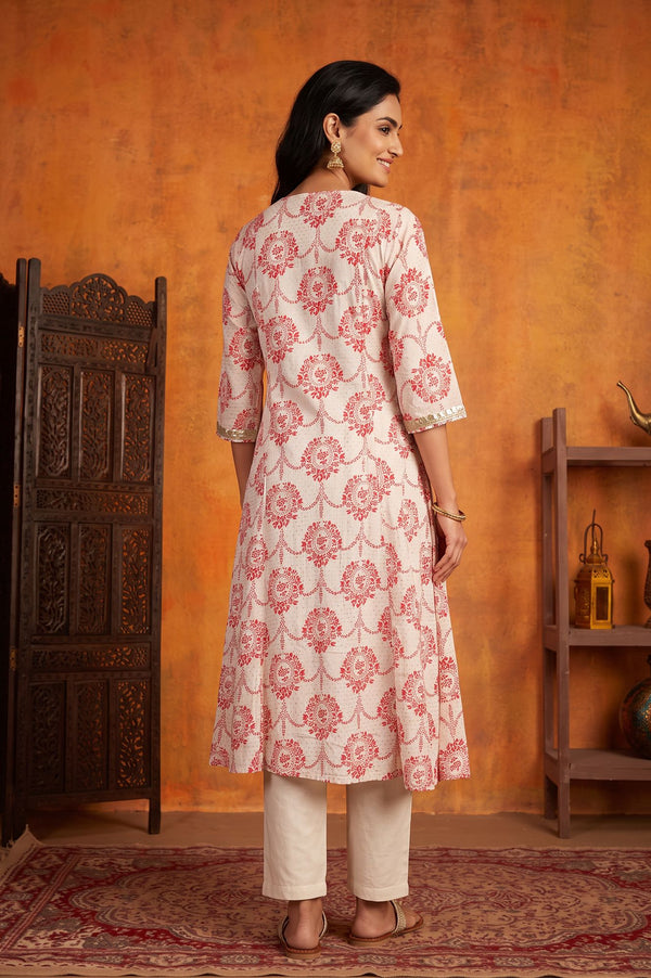 Off White Floral Printed Sequin Rayon A-line Kurta