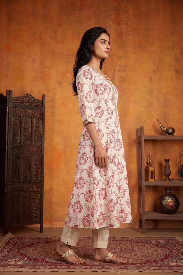 Off White Floral Printed Sequin Rayon A-line Kurta