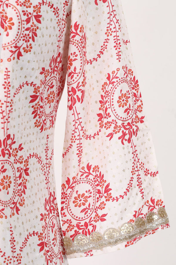 Off White Floral Printed Sequin Rayon A-line Kurta