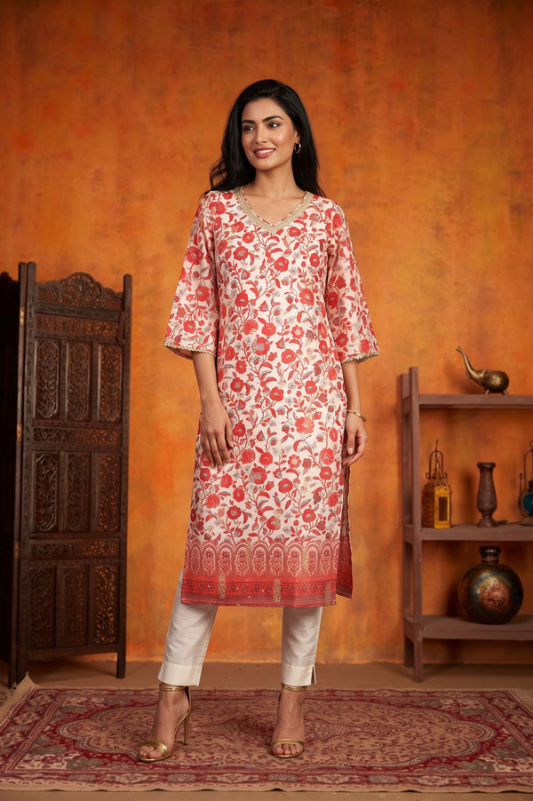 Off White Floral Printed Sequins Cotton Silk Straight Kurta