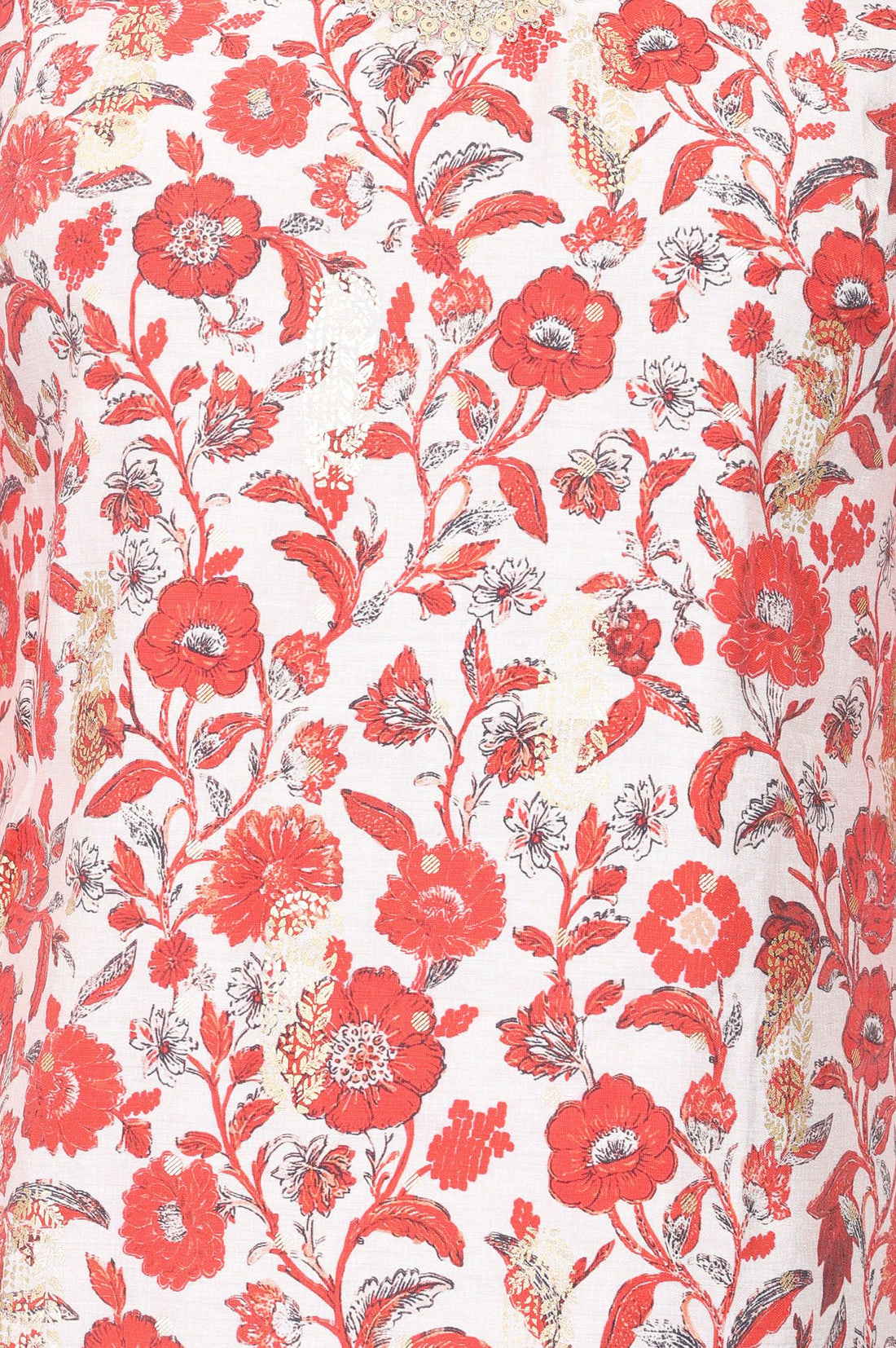 Off White Floral Printed Sequins Cotton Silk Straight Kurta