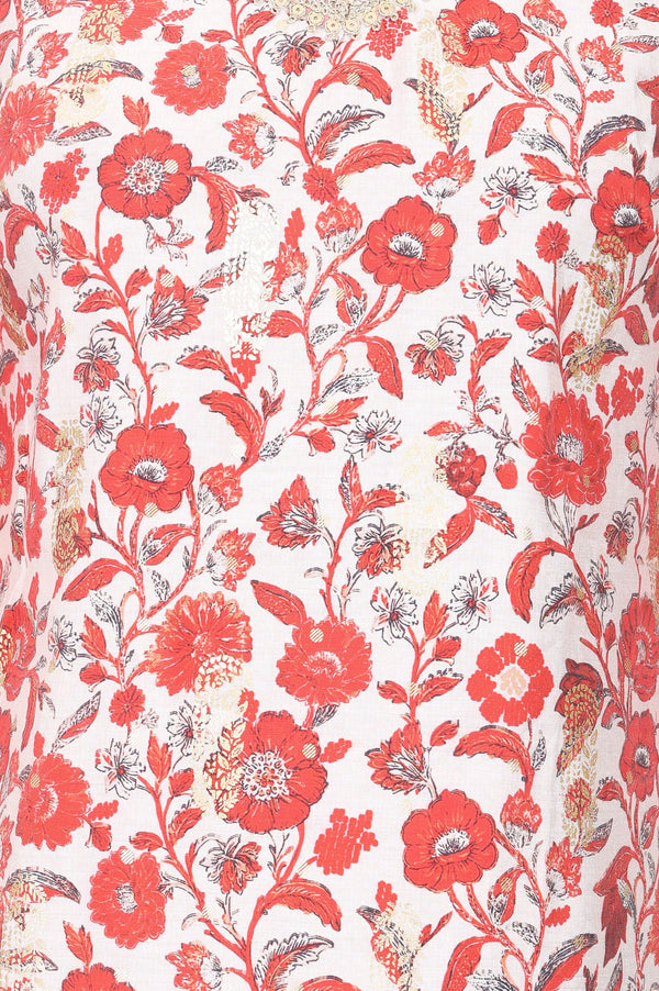 Off White Floral Printed Sequins Cotton Silk Straight Kurta