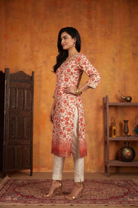 Off White Floral Printed Sequins Cotton Silk Straight Kurta