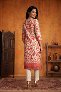 Off White Floral Printed Sequins Cotton Silk Straight Kurta