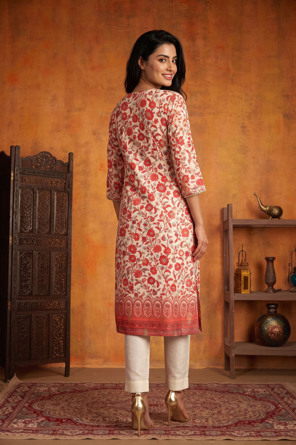 Off White Floral Printed Sequins Cotton Silk Straight Kurta