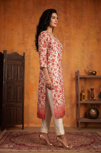 Off White Floral Printed Sequins Cotton Silk Straight Kurta
