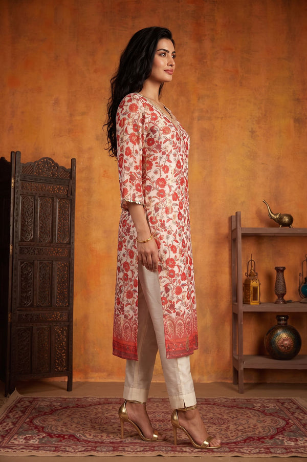 Off White Floral Printed Sequins Cotton Silk Straight Kurta