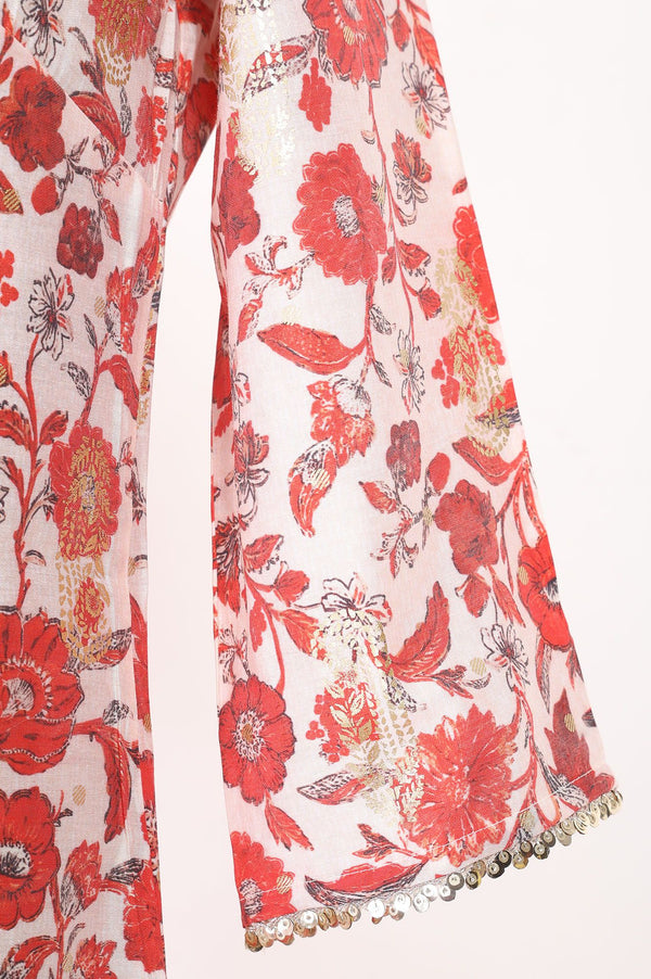 Off White Floral Printed Sequins Cotton Silk Straight Kurta