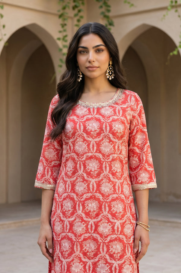 Aurelia Women's Red Floral Printed Sequins Pure Cotton Straight Kurta