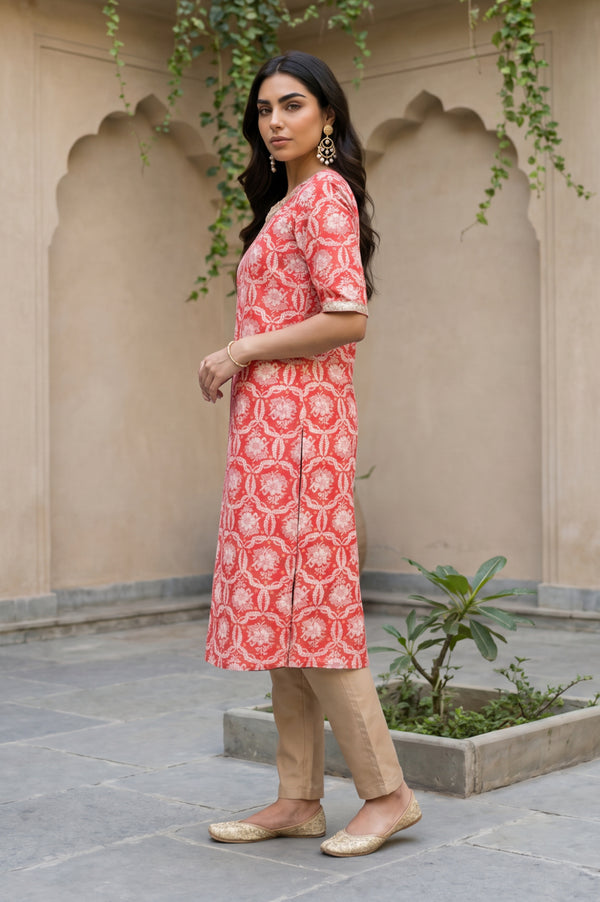 Aurelia Women's Red Floral Printed Sequins Pure Cotton Straight Kurta