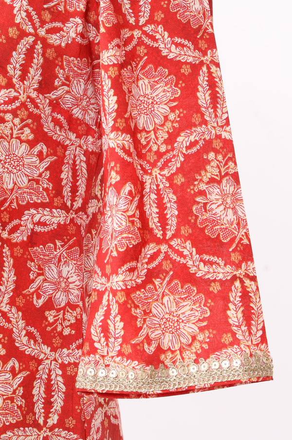Aurelia Women's Red Floral Printed Sequins Pure Cotton Straight Kurta