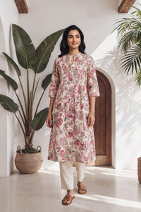 Pink Floral Printed Cotton Lurex Straight Kurta