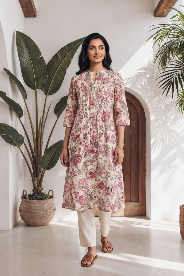 Pink Floral Printed Cotton Lurex Straight Kurta