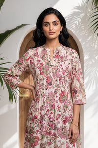 Pink Floral Printed Cotton Lurex Straight Kurta