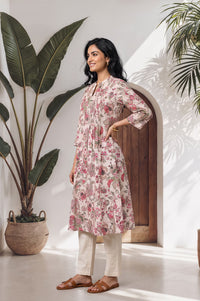Pink Floral Printed Cotton Lurex Straight Kurta
