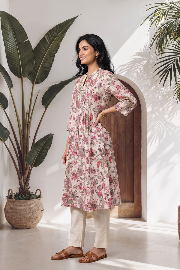 Pink Floral Printed Cotton Lurex Straight Kurta