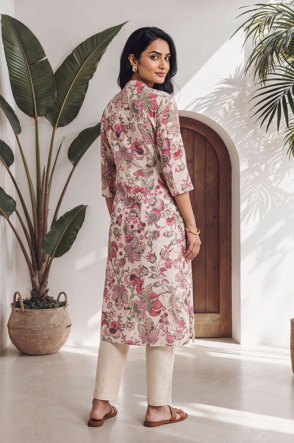 Pink Floral Printed Cotton Lurex Straight Kurta