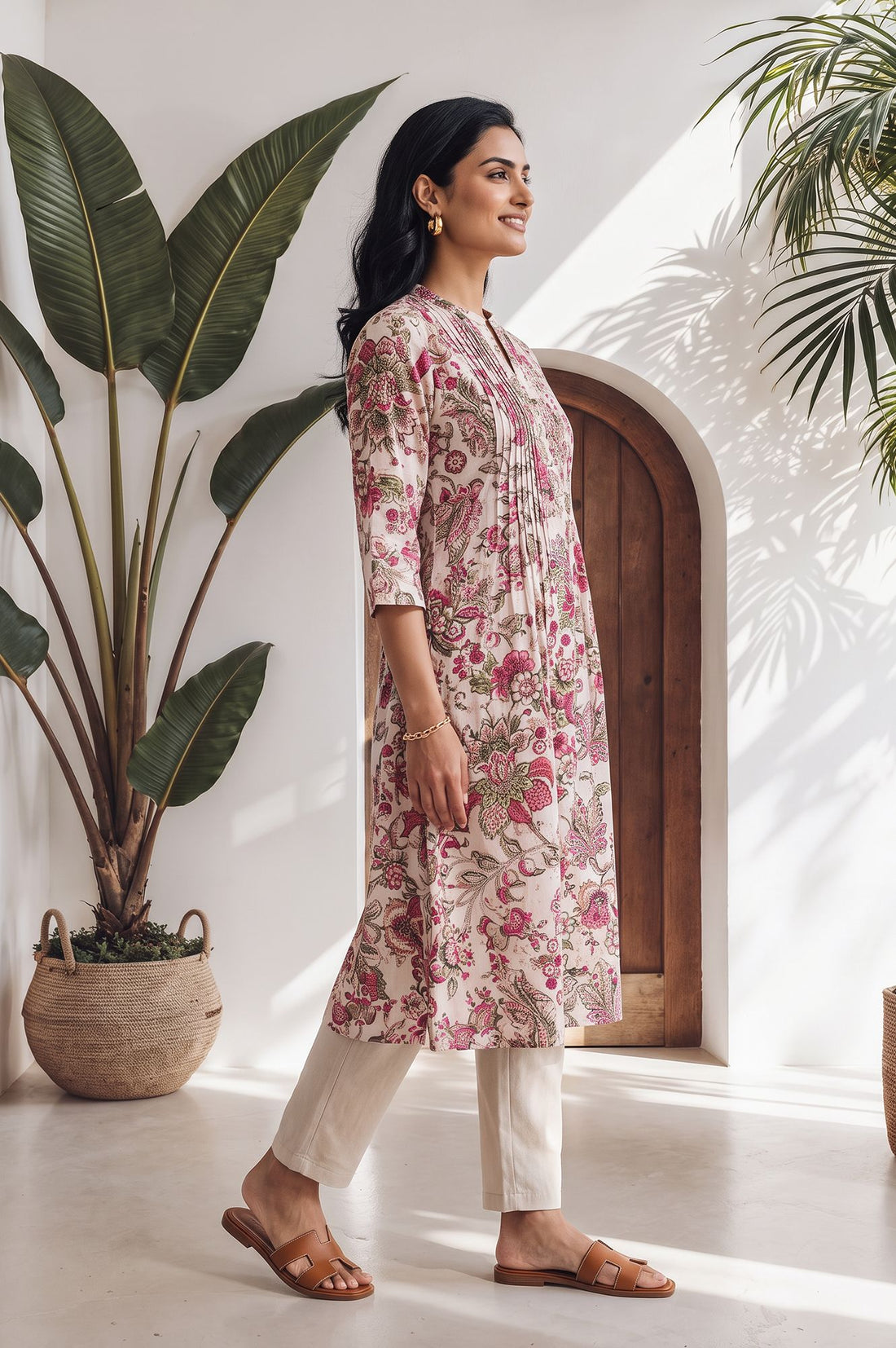 Pink Floral Printed Cotton Lurex Straight Kurta