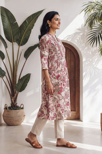 Pink Floral Printed Cotton Lurex Straight Kurta