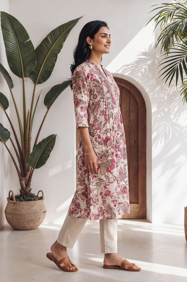 Pink Floral Printed Cotton Lurex Straight Kurta