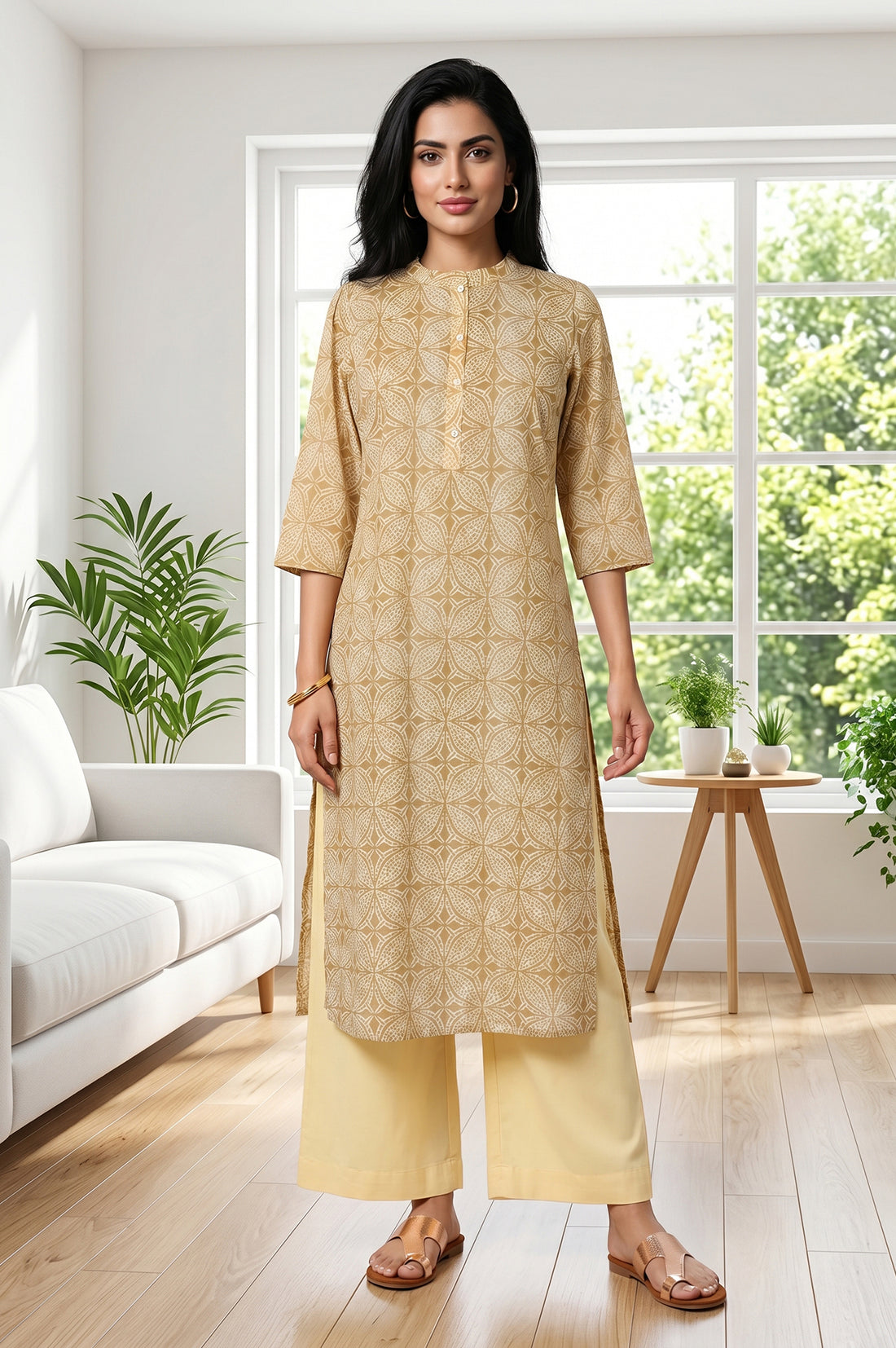 Mustard Geometric Printed Pure Cotton Straight Kurta