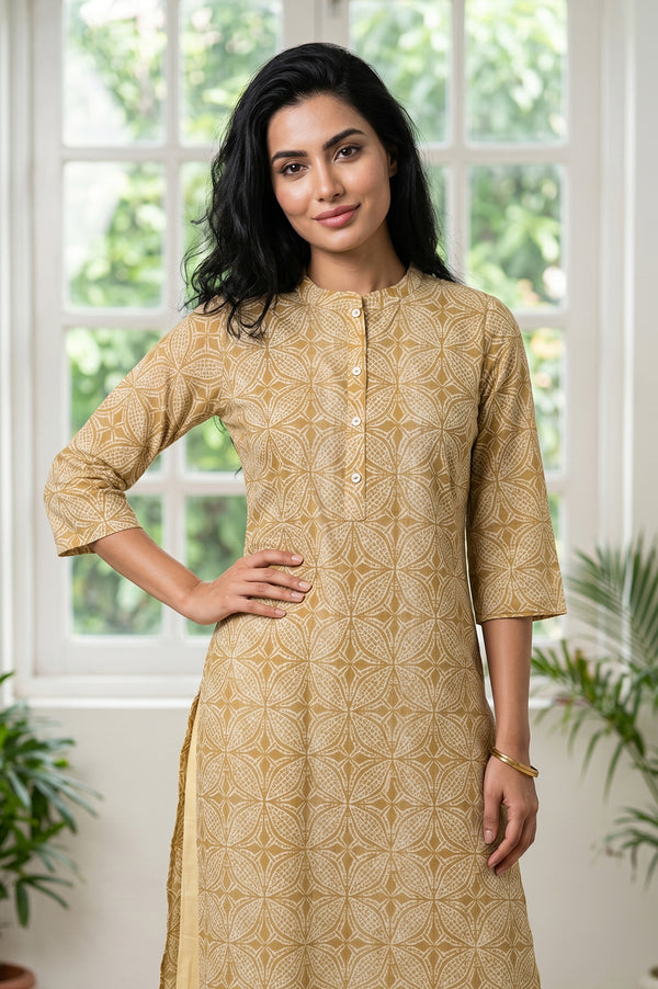 Mustard Geometric Printed Pure Cotton Straight Kurta