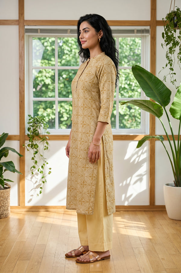 Mustard Geometric Printed Pure Cotton Straight Kurta