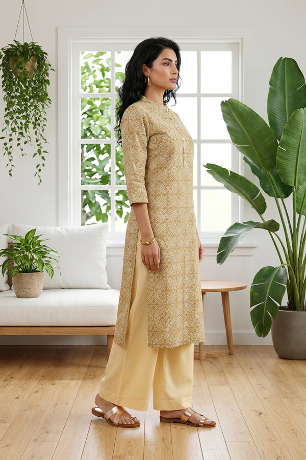 Mustard Geometric Printed Pure Cotton Straight Kurta