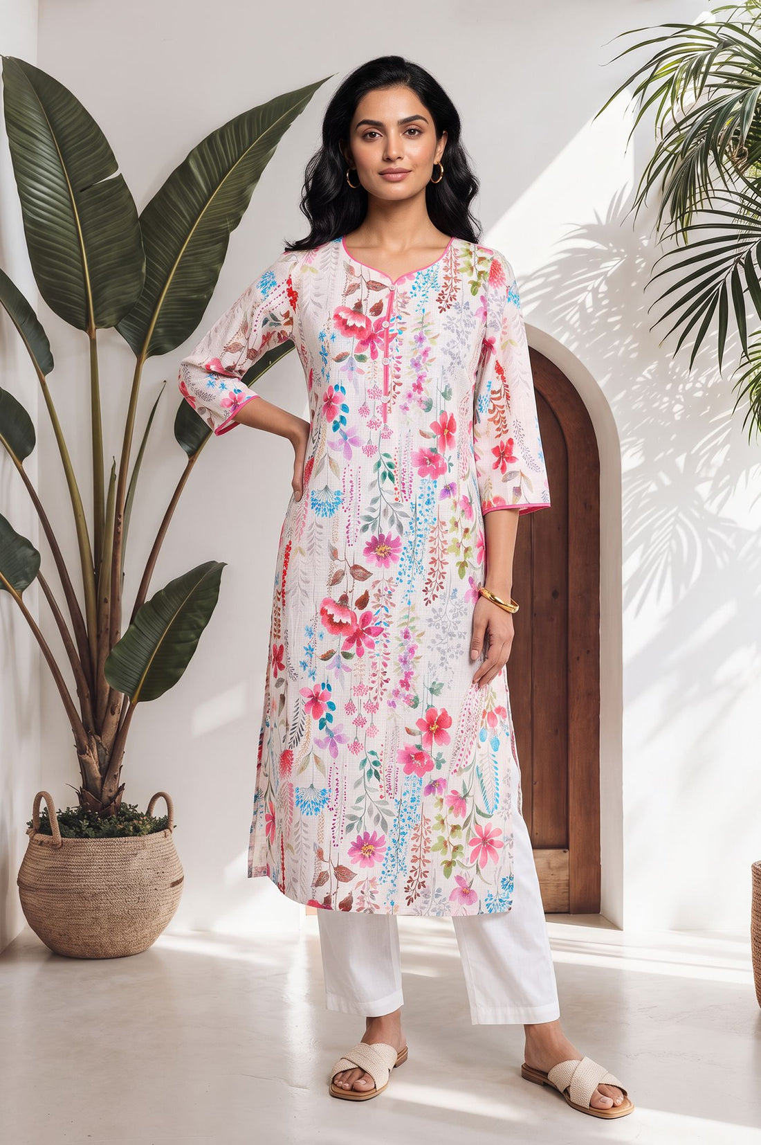 Off White Floral Printed Pure Cotton Straight Kurta