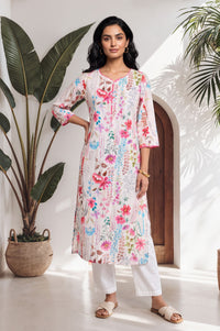 Off White Floral Printed Pure Cotton Straight Kurta