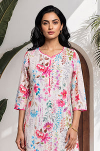 Off White Floral Printed Pure Cotton Straight Kurta