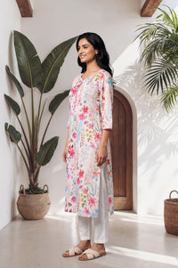 Off White Floral Printed Pure Cotton Straight Kurta