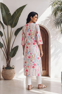 Off White Floral Printed Pure Cotton Straight Kurta