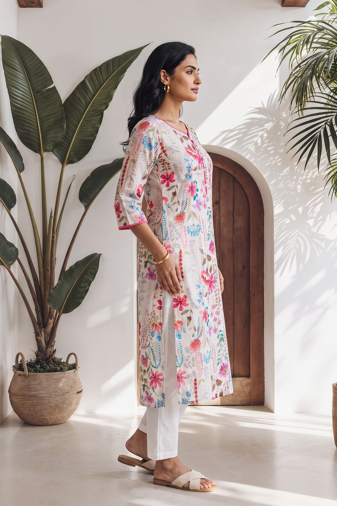 Off White Floral Printed Pure Cotton Straight Kurta