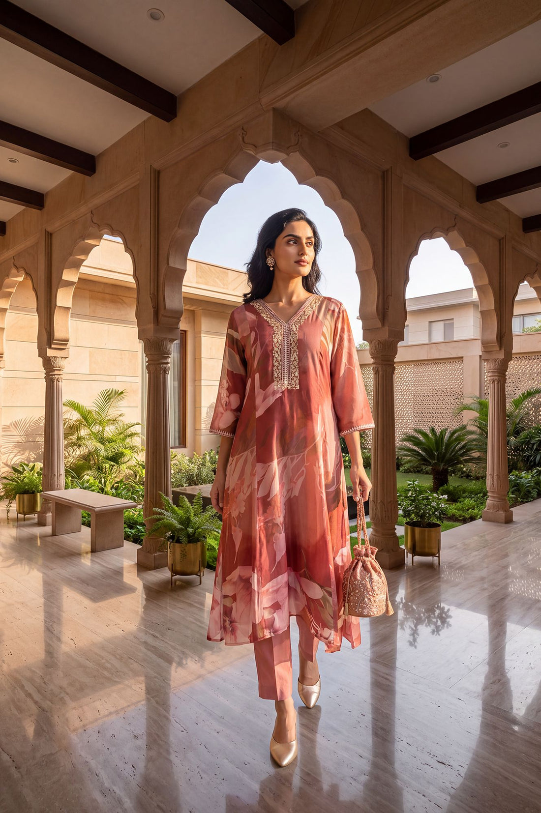 Pink Floral Print Rayon A-Line Kurta with V-Neck &amp; Thread Embroidery