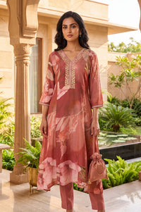 Pink Floral Print Rayon A-Line Kurta with V-Neck &amp; Thread Embroidery
