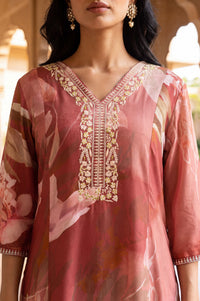 Pink Floral Print Rayon A-Line Kurta with V-Neck &amp; Thread Embroidery