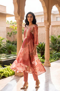 Pink Floral Print Rayon A-Line Kurta with V-Neck &amp; Thread Embroidery