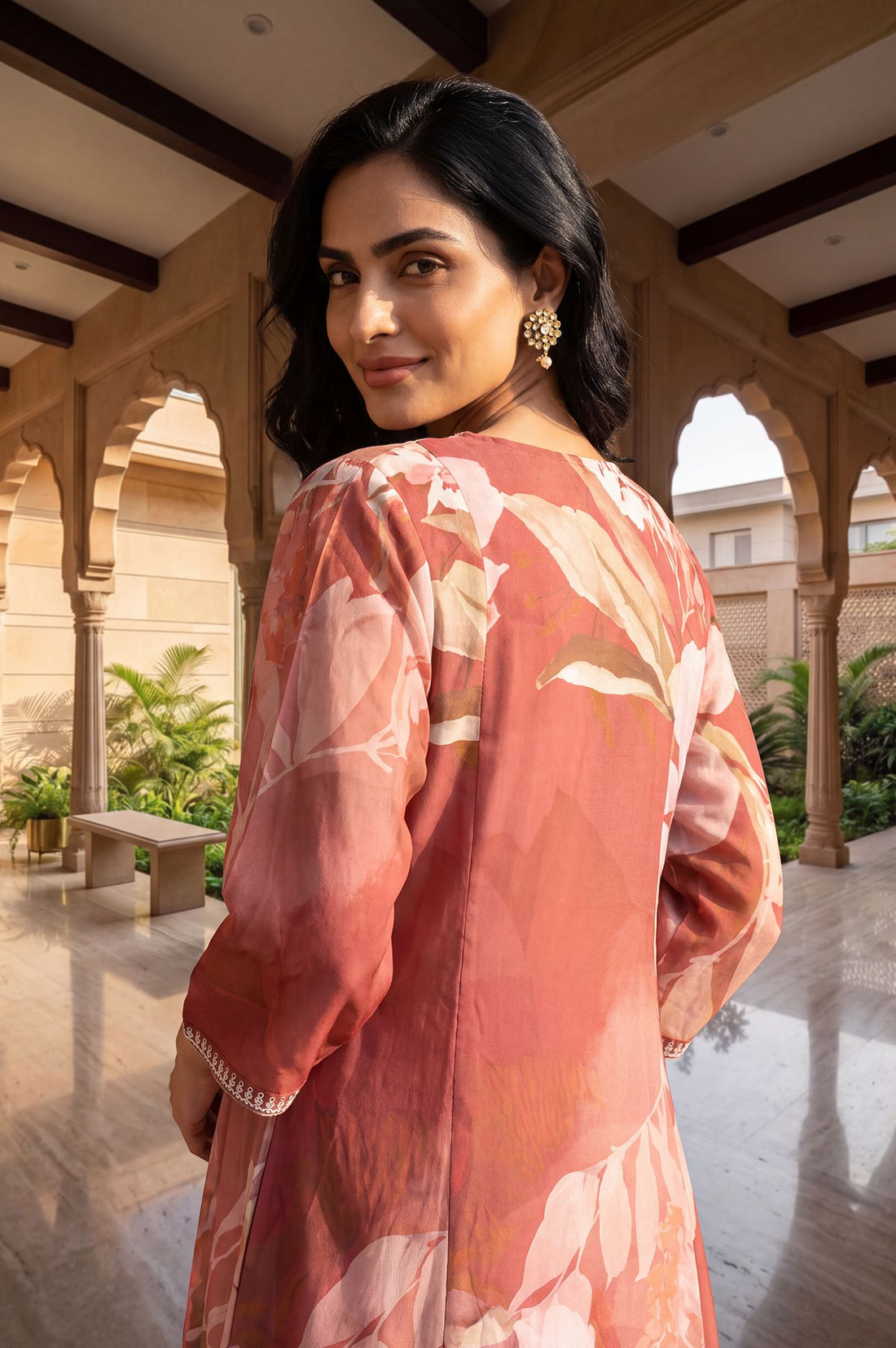 Pink Floral Print Rayon A-Line Kurta with V-Neck &amp; Thread Embroidery
