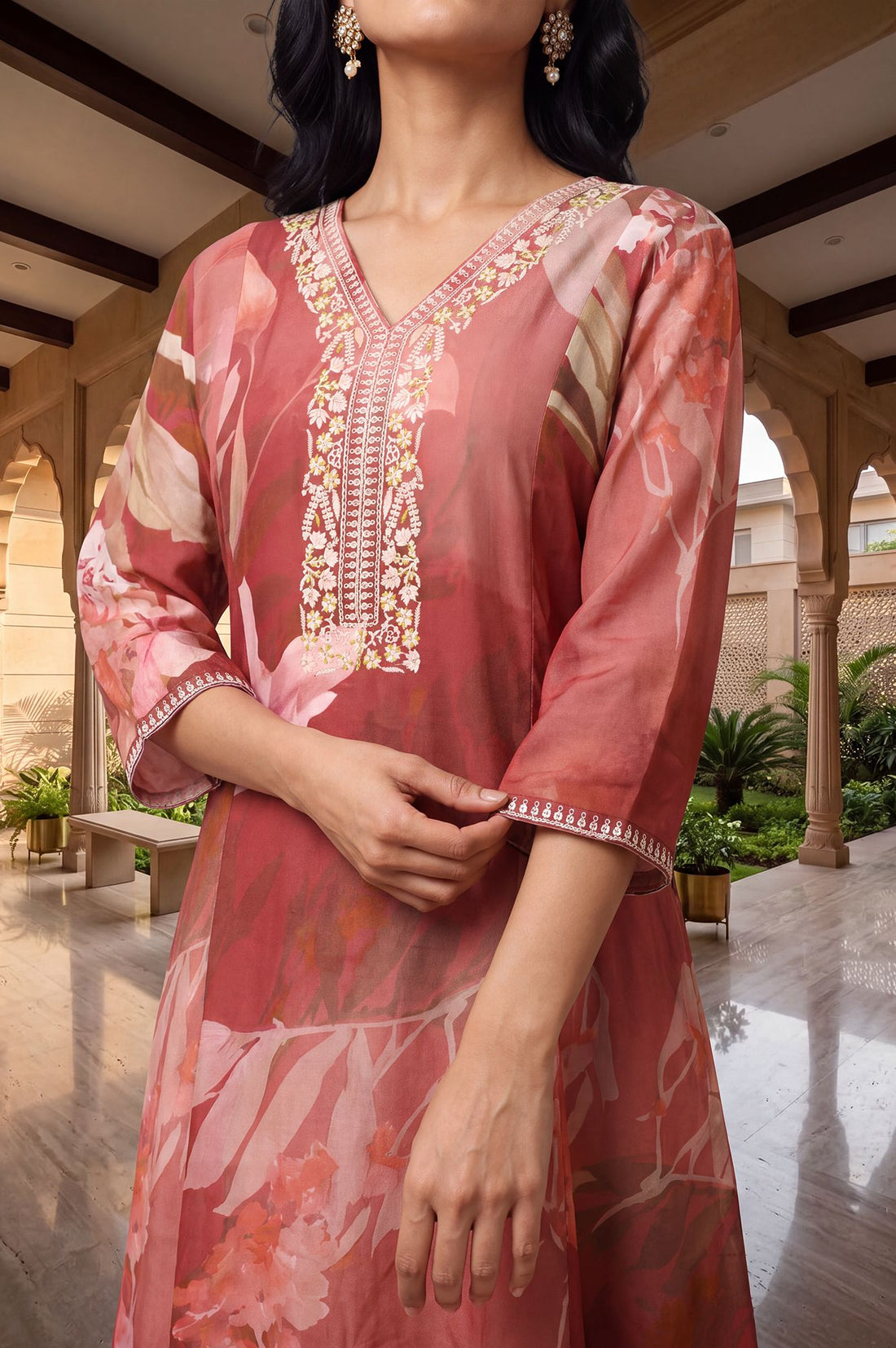 Pink Floral Print Rayon A-Line Kurta with V-Neck &amp; Thread Embroidery