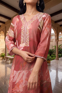 Pink Floral Print Rayon A-Line Kurta with V-Neck &amp; Thread Embroidery