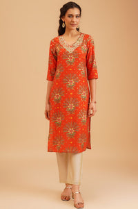 Orange Floral Printed Sequinned Silk Straight Kurta