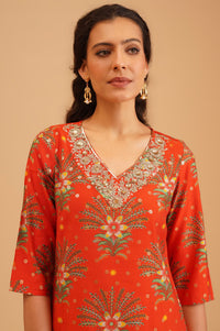 Orange Floral Printed Sequinned Silk Straight Kurta
