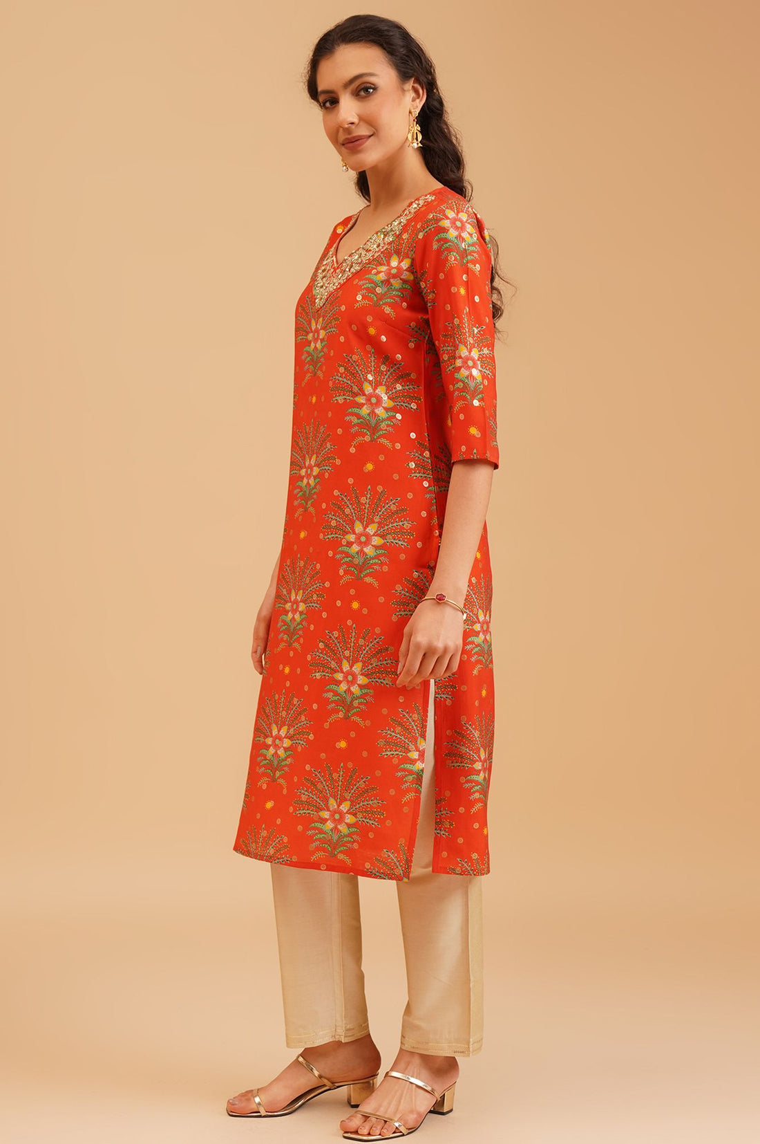 Orange Floral Printed Sequinned Silk Straight Kurta