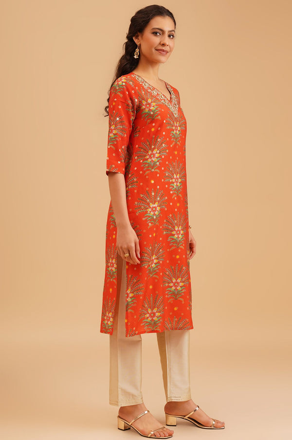 Orange Floral Printed Sequinned Silk Straight Kurta