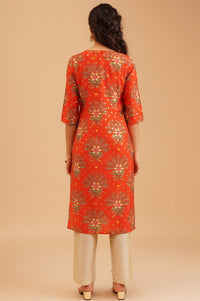 Orange Floral Printed Sequinned Silk Straight Kurta